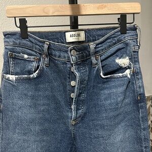Agolde Dark Blue High-Rise Distressed Button-Fly Jeans